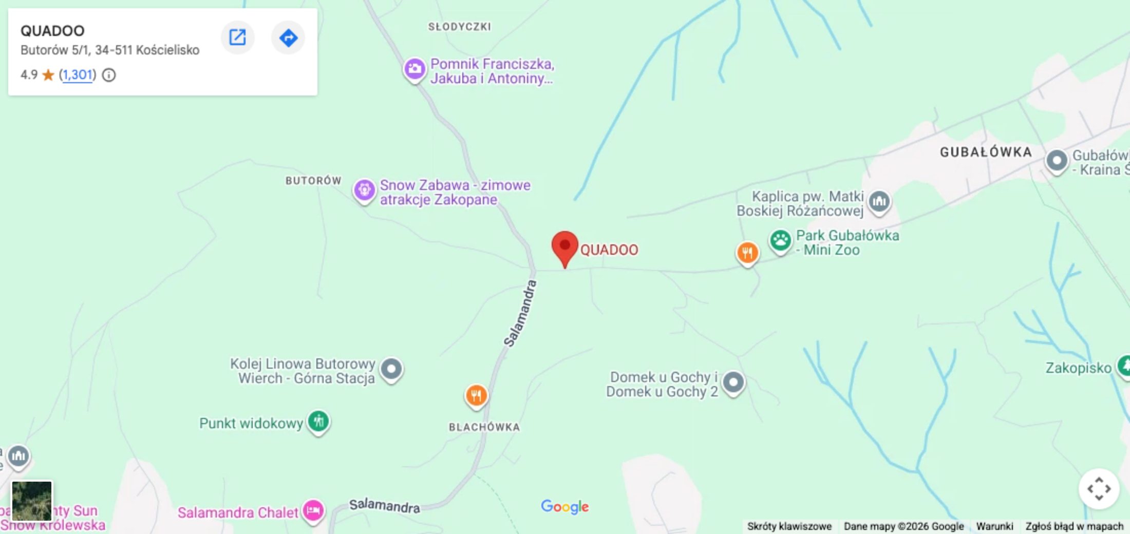Mapa – baza startowa Quadoo, ul. Butorów 5, Kościelisko